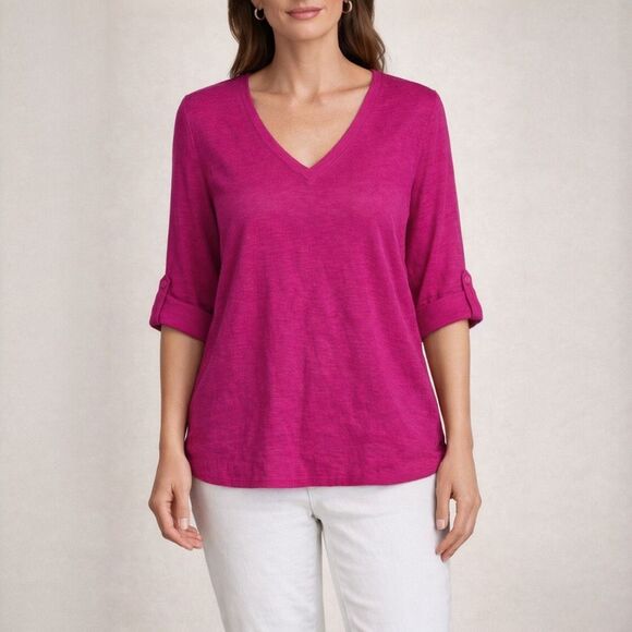 Chico’s Pink Linen V-Neck Top Women’s Size 1 US M 3/4 Sleeve - Picture 1 of 7